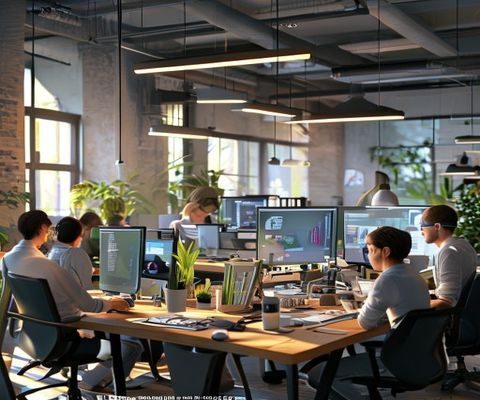 蝌蚪社区内容更新节奏展示，编辑团队在明亮办公室内整理每周精选内容，专业高效的工作氛围